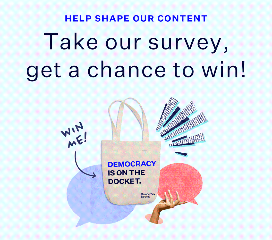 gif of Democracy Docket tote bag moving back and forth over top of static message bubble icons