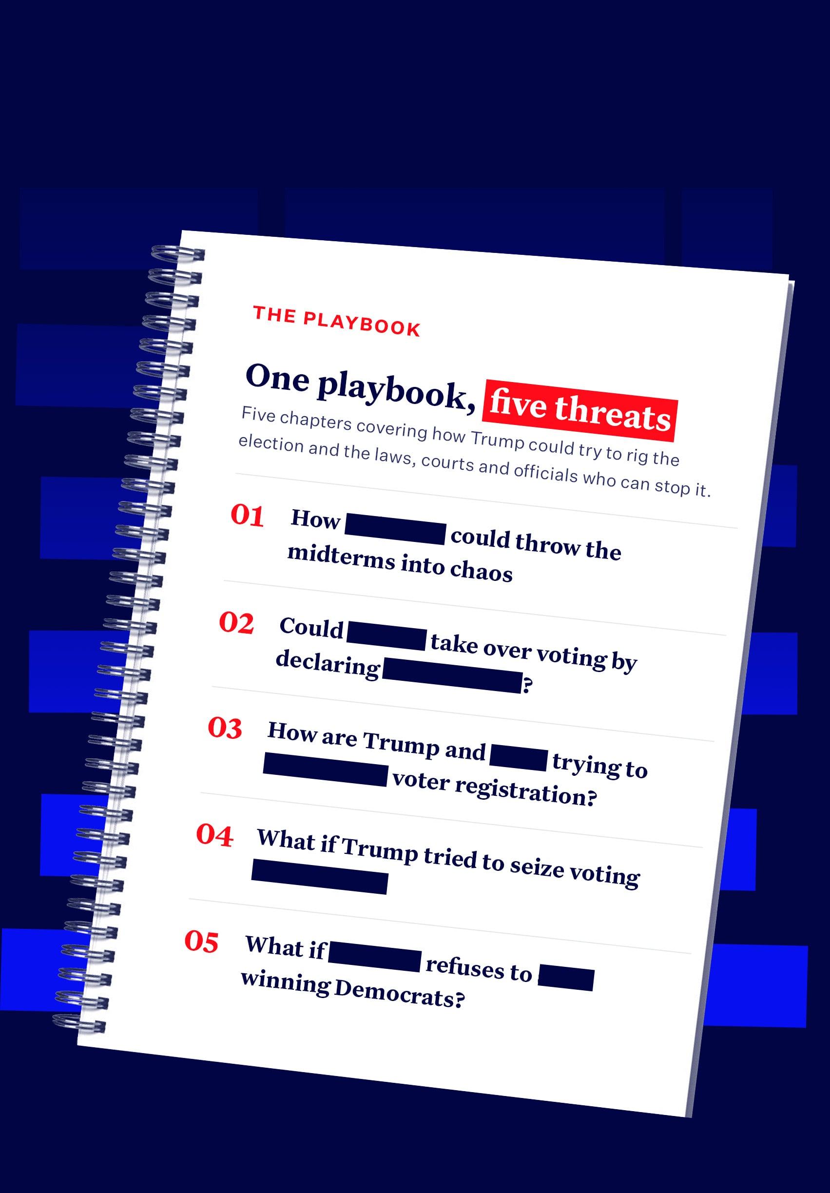 The playbook: five chapters on how Trump could rig the midterms, with key details blacked out. Subscribers only.